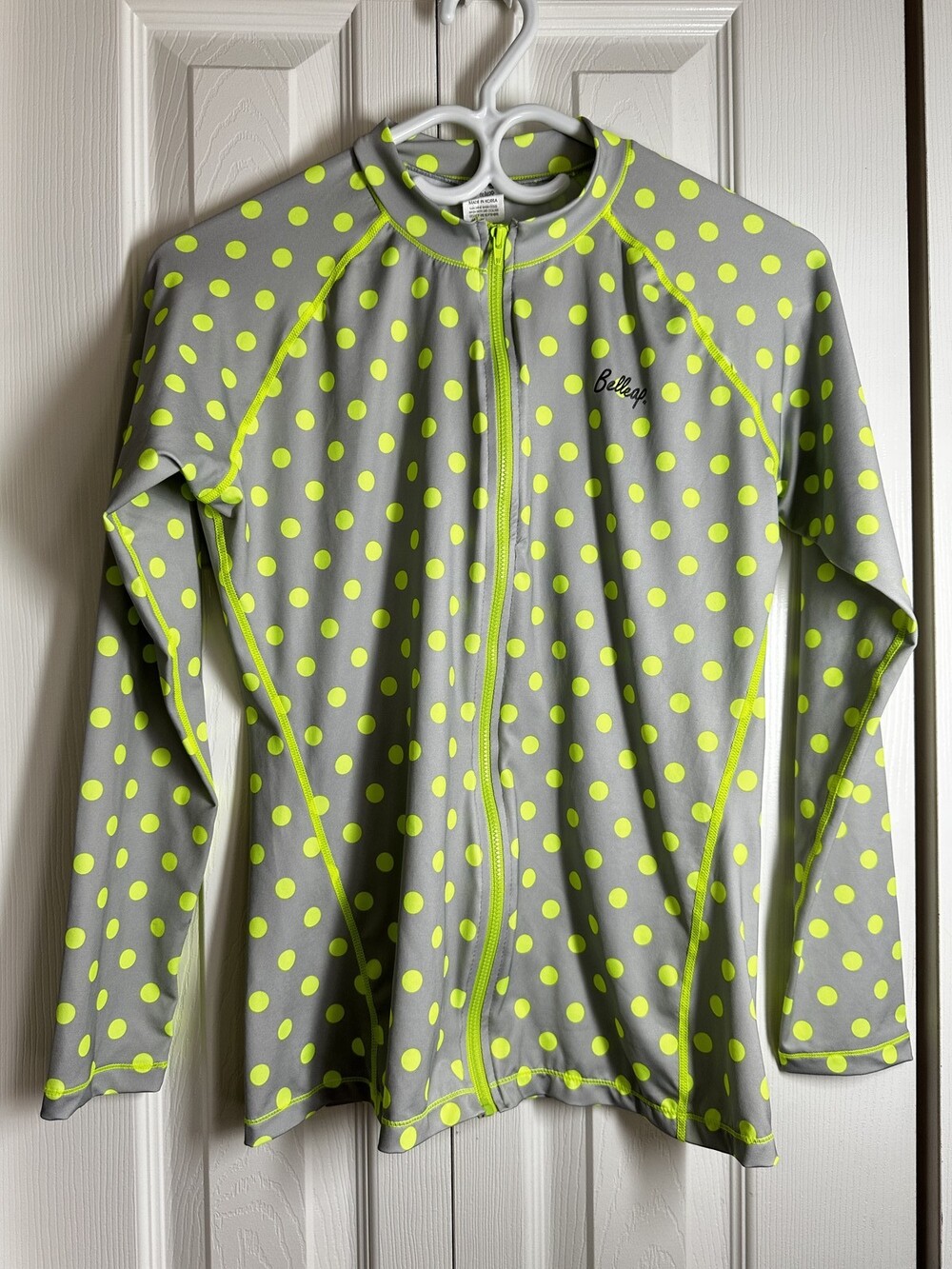 Belleap Polka Dot Long Sleeve Rash Guard Zip-Up - Neon Yellow & Grey #109
